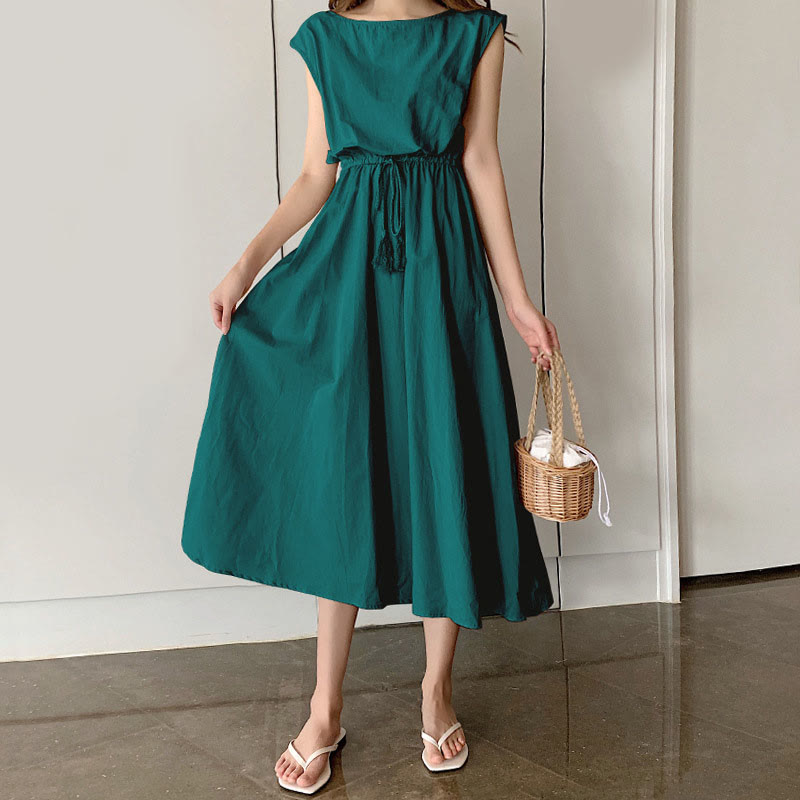 Buddha Stones Casual Eastic Waist Drawstring Design Short Sleeve Cotton Linen Midi Dress - LightSeaGreen - US8-10，UK/AU12-14，EU40-42 (2XL) - image 22