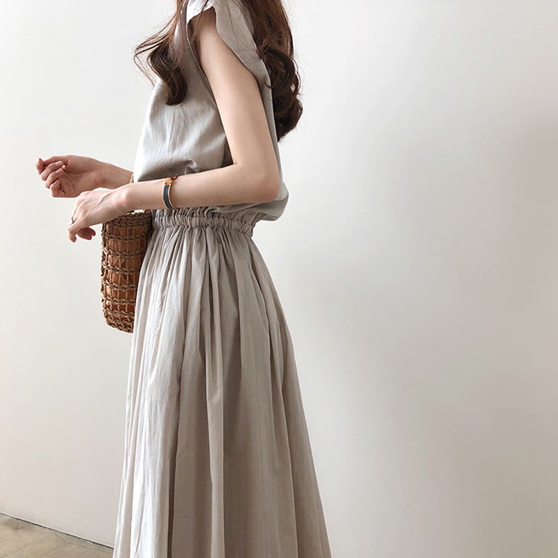 Buddha Stones Casual Eastic Waist Drawstring Design Short Sleeve Midi Dress - image 6