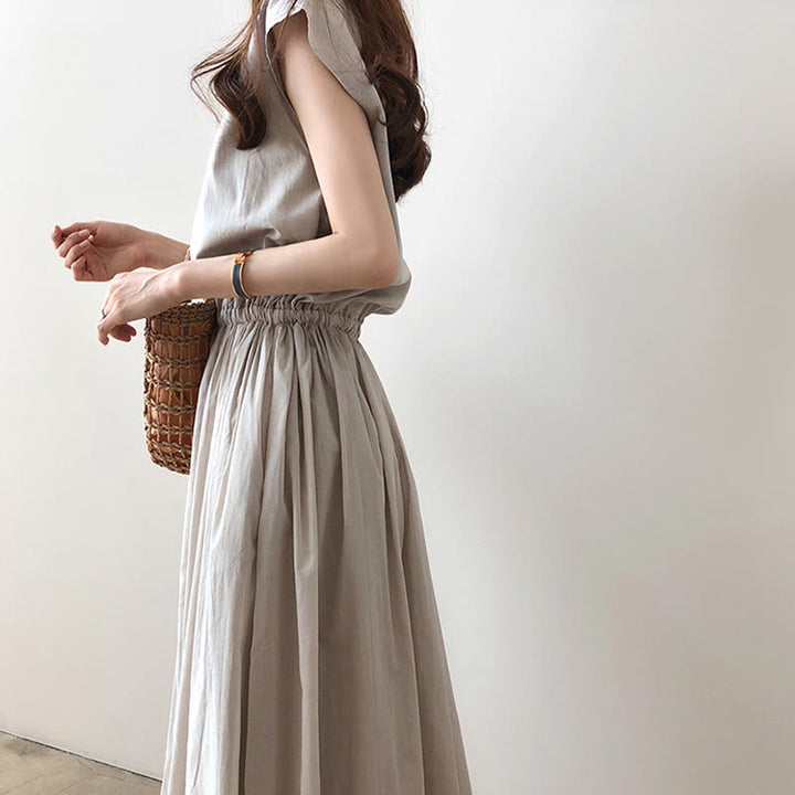 Buddha Stones Casual Eastic Waist Drawstring Design Short Sleeve Midi Dress - image 6