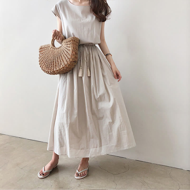Buddha Stones Casual Eastic Waist Drawstring Design Short Sleeve Cotton Linen Midi Dress - image 8