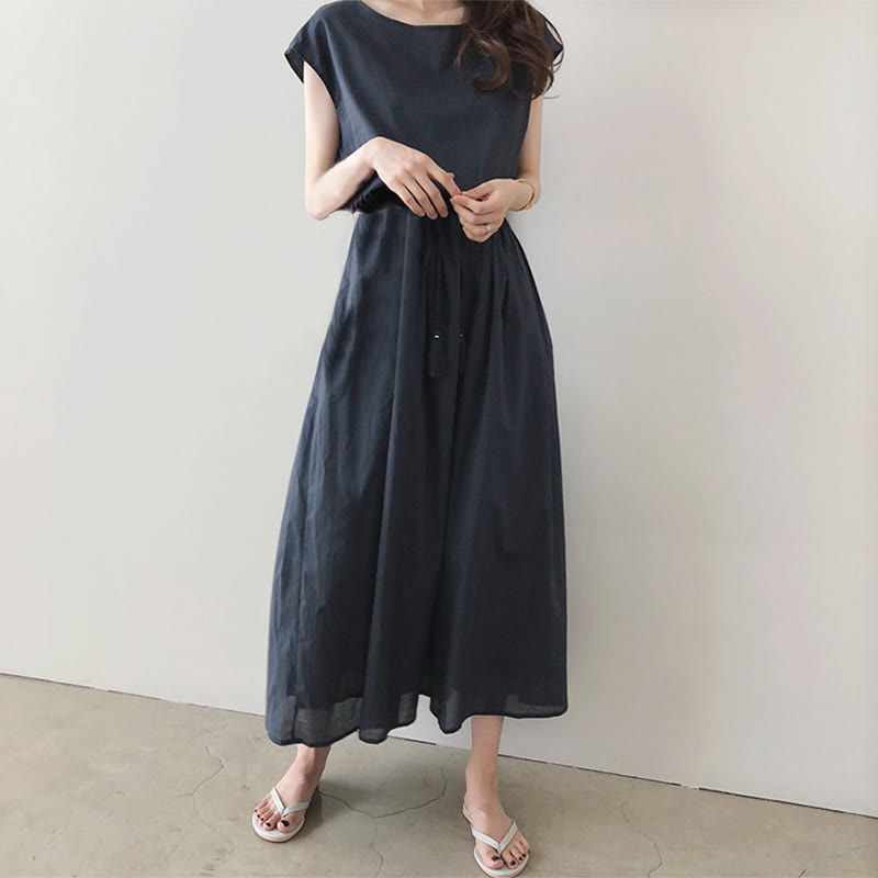 Buddha Stones Casual Eastic Waist Drawstring Design Short Sleeve Cotton Linen Midi Dress - image 18
