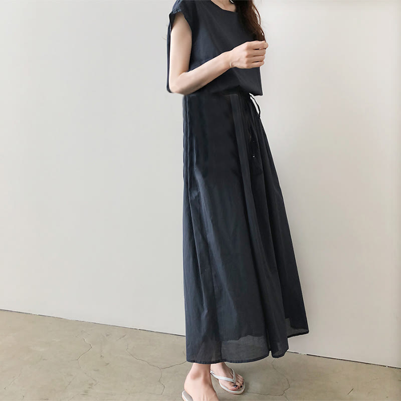 Buddha Stones Casual Eastic Waist Drawstring Design Short Sleeve Cotton Linen Midi Dress - image 20