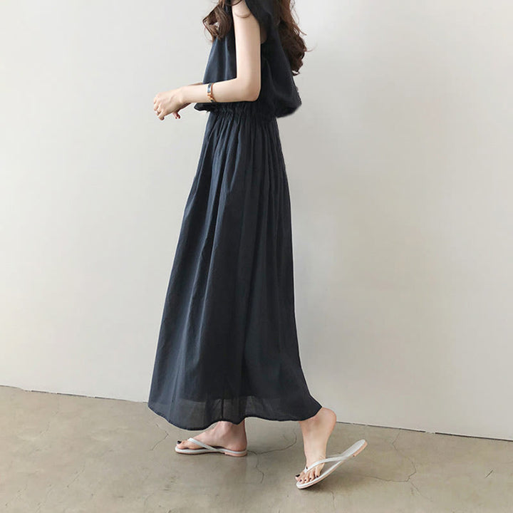 Buddha Stones Casual Eastic Waist Drawstring Design Short Sleeve Cotton Linen Midi Dress - image 17