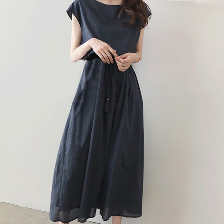 Buddha Stones Casual Eastic Waist Drawstring Design Short Sleeve Cotton Linen Midi Dress - image 14