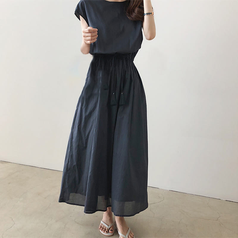 Buddha Stones Casual Eastic Waist Drawstring Design Short Sleeve Cotton Linen Midi Dress - image 15