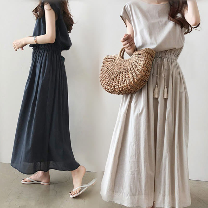 Buddha Stones Casual Eastic Waist Drawstring Design Short Sleeve Midi Dress - image 10