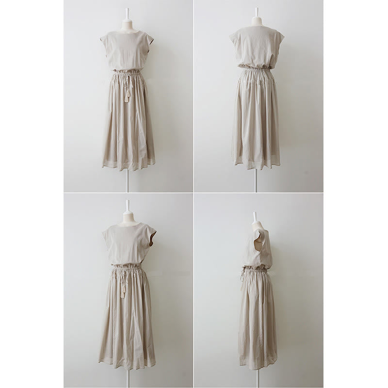 Buddha Stones Casual Eastic Waist Drawstring Design Short Sleeve Midi Dress - image 9