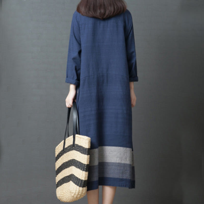 Buddha Stones Casual Stripes Long Sleeve Cotton Linen Midi Dress With pockets - image 9