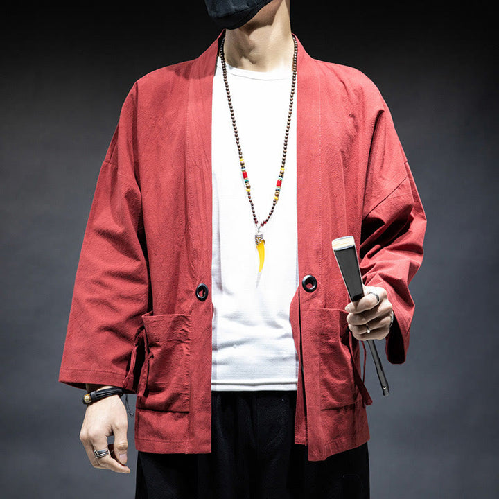 Buddha Stones Solid Color Lace-up Open Front Jacket Cotton Men's Kimono - Tomato - US/UK/AU46，EU56 (5XL) - image 12