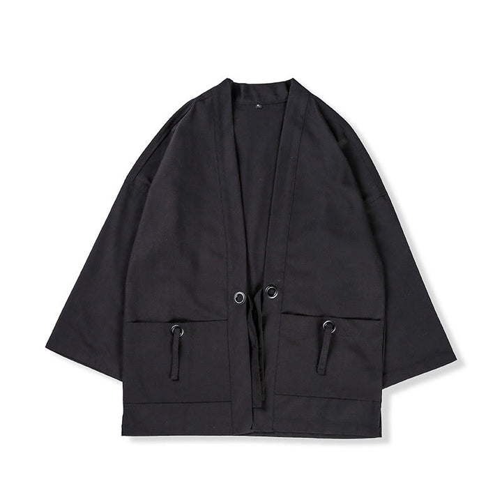 Buddha Stones Solid Color Lace-up Open Front Jacket Cotton Men's Kimono