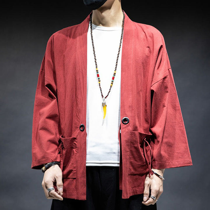 Buddha Stones Solid Color Lace-up Open Front Jacket Cotton Men's Kimono