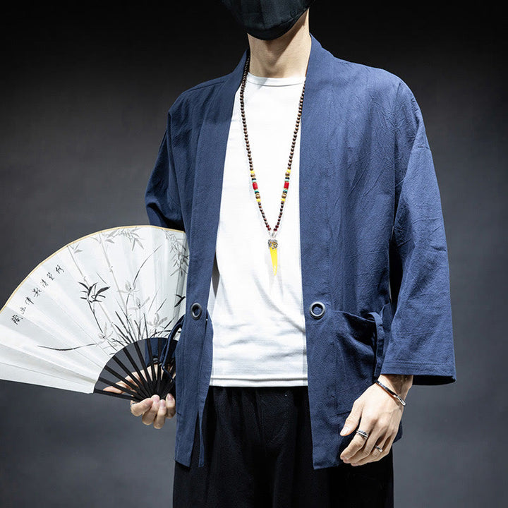 Buddha Stones Solid Color Lace-up Open Front Jacket Cotton Men's Kimono - SteelBlue - US/UK/AU46，EU56 (5XL) - image 0