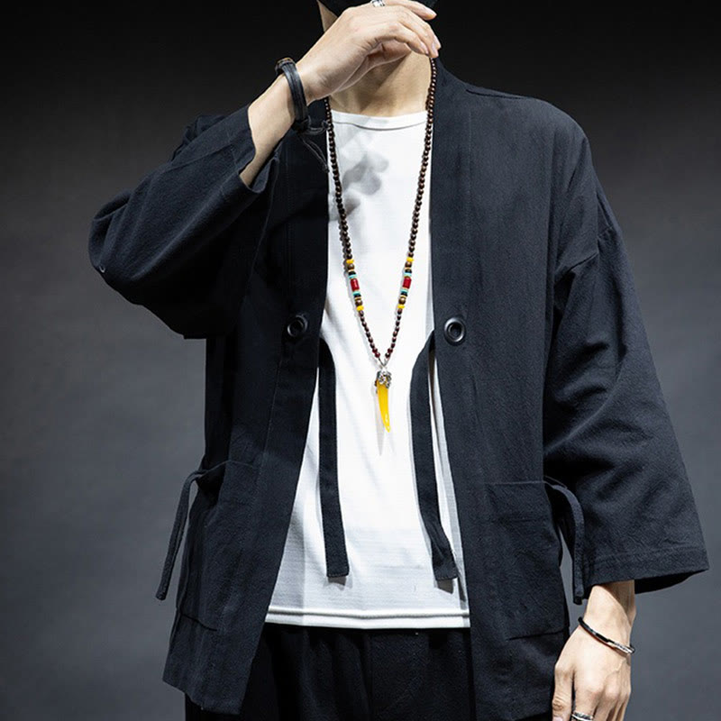 Buddha Stones Solid Color Lace-up Open Front Jacket Cotton Men's Kimono