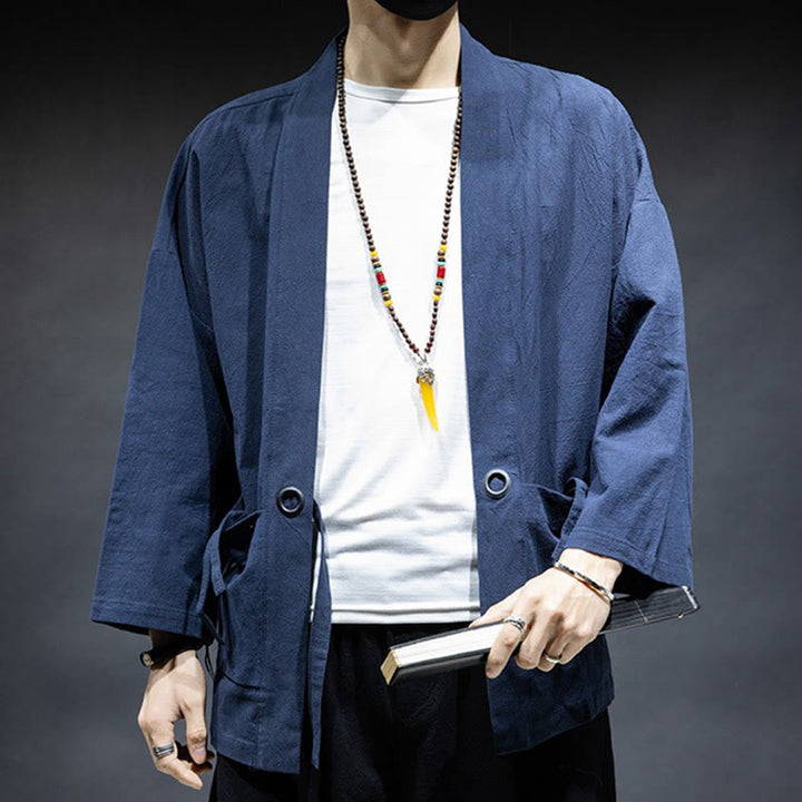 Buddha Stones Solid Color Lace-up Open Front Jacket Cotton Men's Kimono