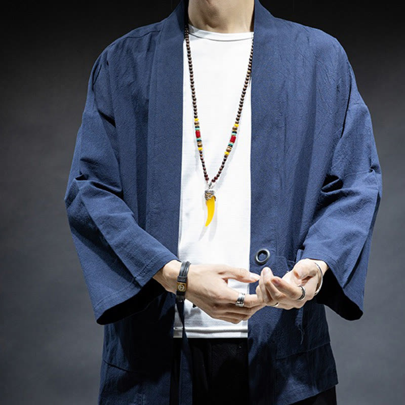 Buddha Stones Solid Color Lace-up Open Front Jacket Cotton Men's Kimono - image 1