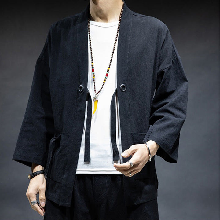 Buddha Stones Solid Color Lace-up Open Front Jacket Cotton Men's Kimono