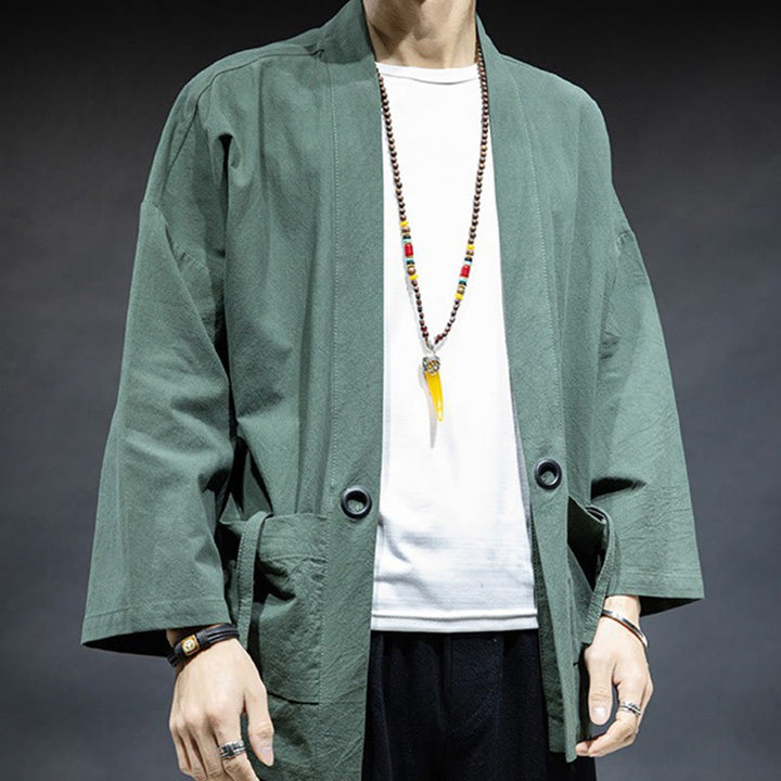 Buddha Stones Solid Color Lace-up Open Front Jacket Cotton Men's Kimono