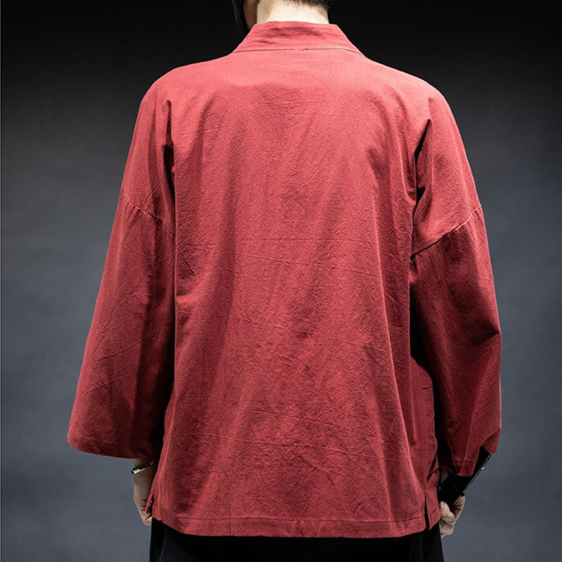 Buddha Stones Solid Color Lace-up Open Front Jacket Cotton Men's Kimono