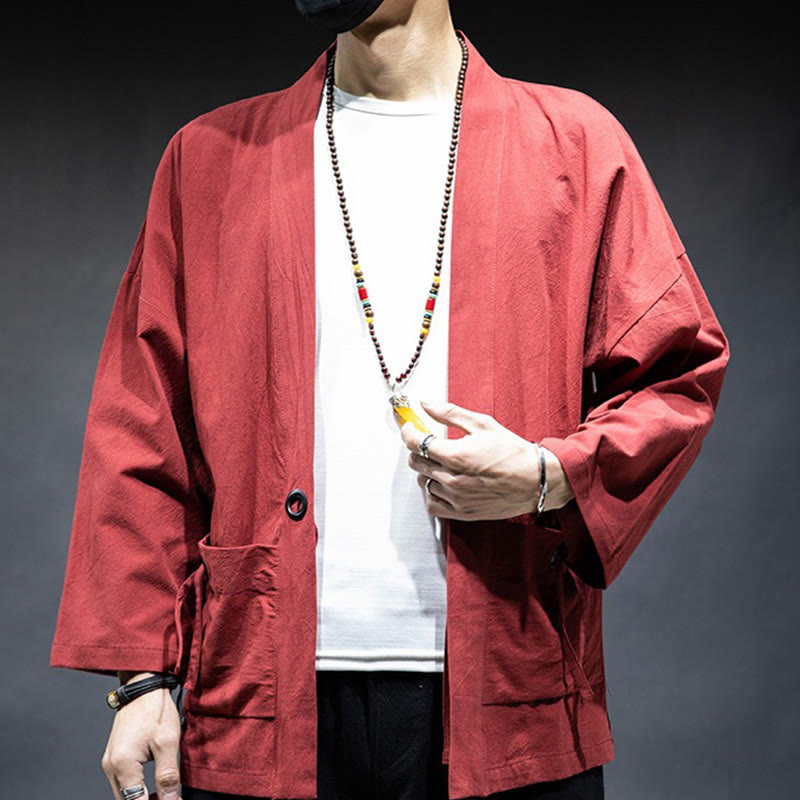 Buddha Stones Solid Color Lace-up Open Front Jacket Cotton Men's Kimono