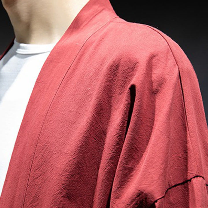 Buddha Stones Solid Color Lace-up Open Front Jacket Cotton Men's Kimono - image 20