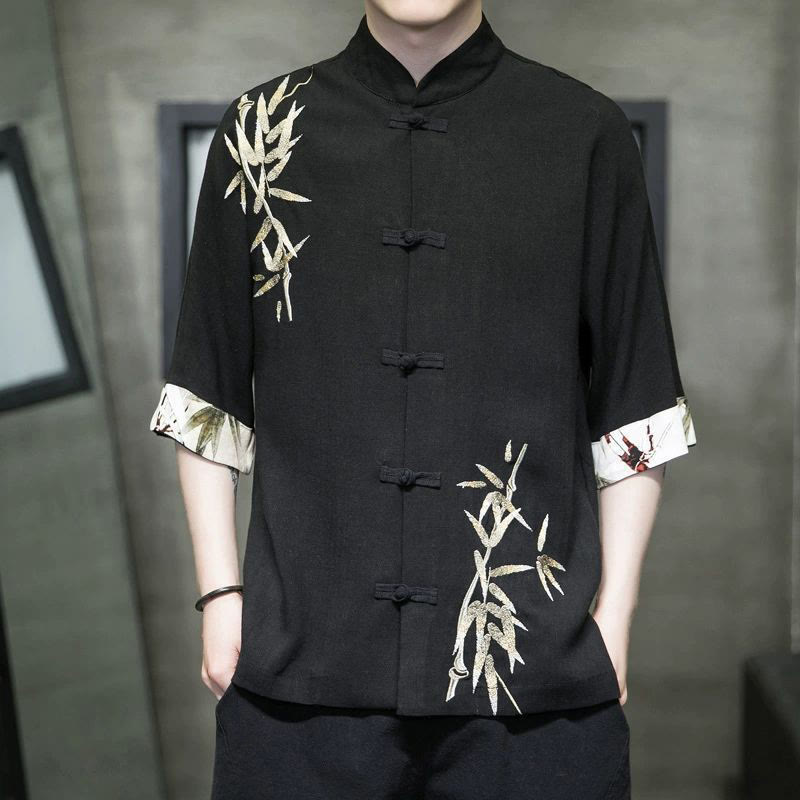 Buddha Stones Men's Frog-Button Bamboo Linen Half Sleeve Shirt - Black - US/UK/AU42，EU52 (3XL) - image 2