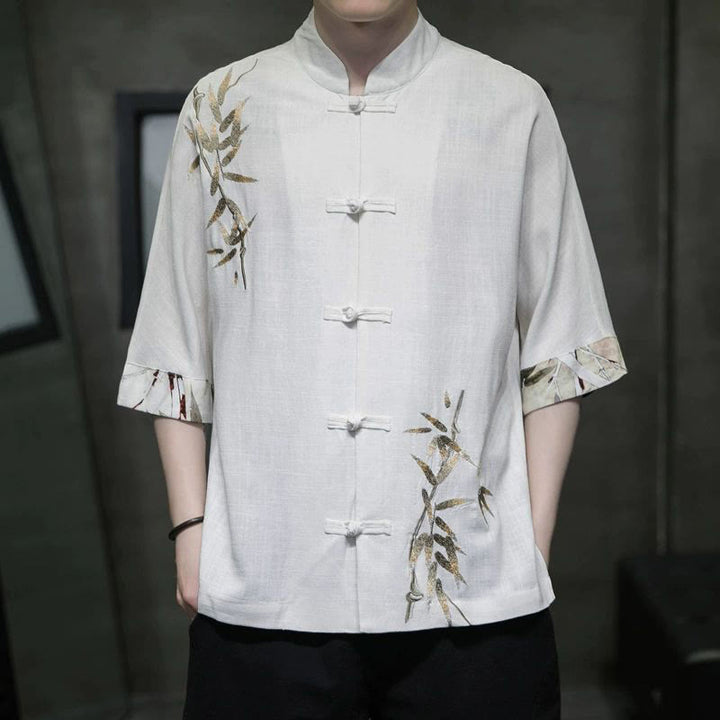 Buddha Stones Men's Frog-Button Bamboo Linen Half Sleeve Shirt - White - US/UK/AU42，EU52 (3XL) - image 0