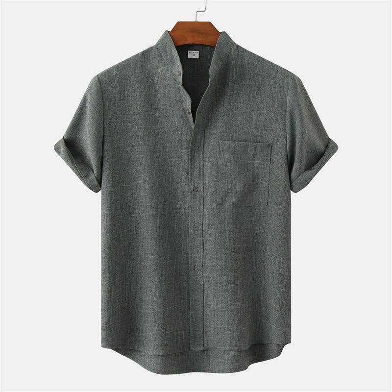 Buddha Stones Summer Men's Button Plain Short Sleeve Cotton Shirt With Pocket