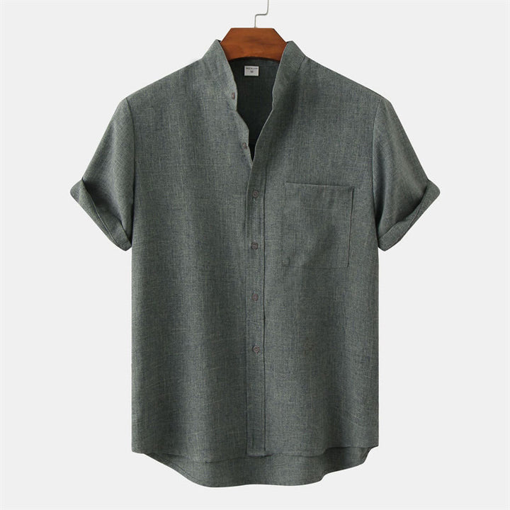 Buddha Stones Summer Men's Button Plain Short Sleeve Cotton Shirt With Pocket