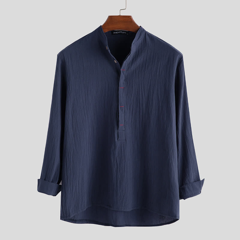 Buddha Stones Solid Color Half Buttons Long Sleeve Cotton Linen Men's Shirts - SteelBlue - US/UK/AU42，EU52 (3XL) - image 4
