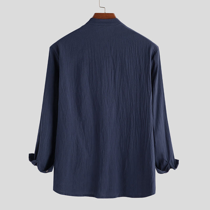Buddha Stones Solid Color Half Buttons Long Sleeve Cotton Men's Shirts - image 5
