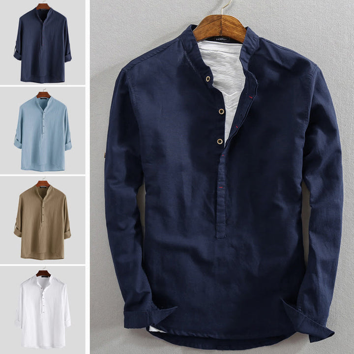 Buddha Stones Solid Color Half Buttons Long Sleeve Cotton Linen Men's Shirts - image 6