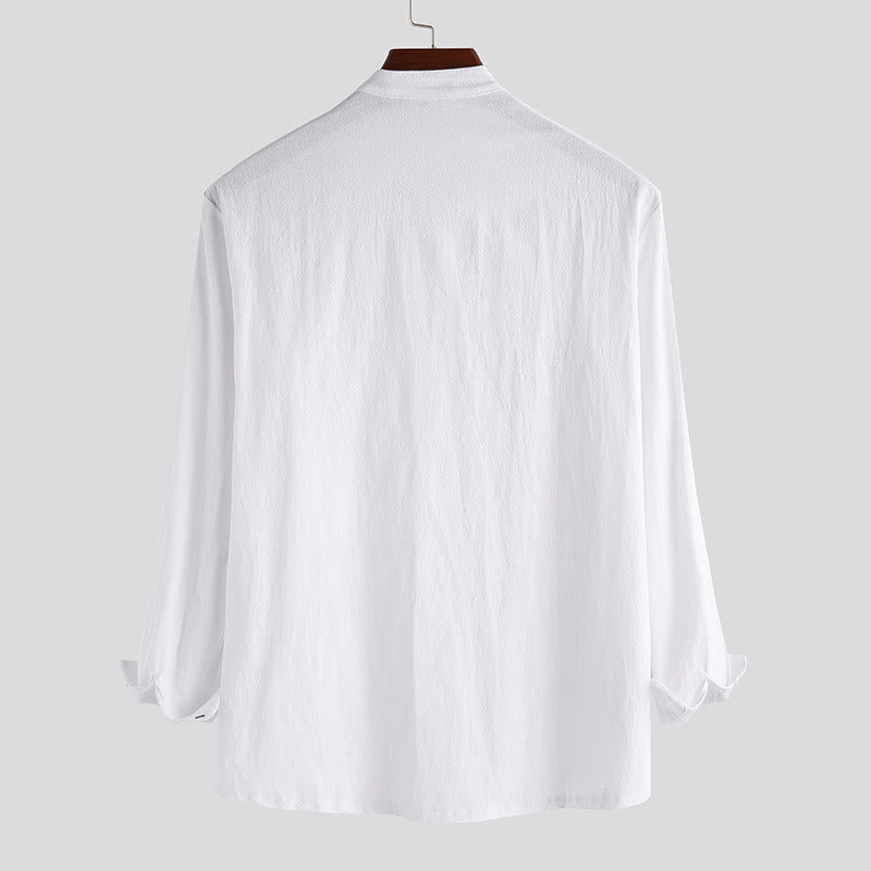 Buddha Stones Solid Color Half Buttons Long Sleeve Cotton Linen Men's Shirts - image 2