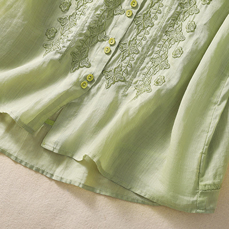 Buddha Stones Summer Plain Button Embroidery Flower Pattern Three Quarter Sleeve Lapel Cotton Linen Women's Shirt - image 4