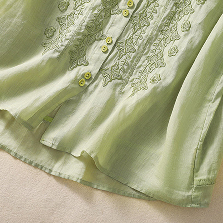 Buddha Stones Summer Plain Button Embroidery Flower Pattern Three Quarter Sleeve Lapel Cotton Linen Women's Shirt - image 4