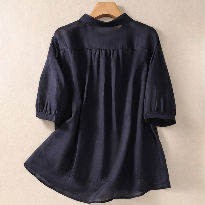 Buddha Stones Summer Plain Button Embroidery Flower Pattern Three Quarter Sleeve Lapel Cotton Linen Women's Shirt - image 27