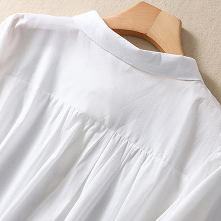 Buddha Stones Summer Plain Button Embroidery Flower Pattern Three Quarter Sleeve Lapel Cotton Linen Women's Shirt - image 8