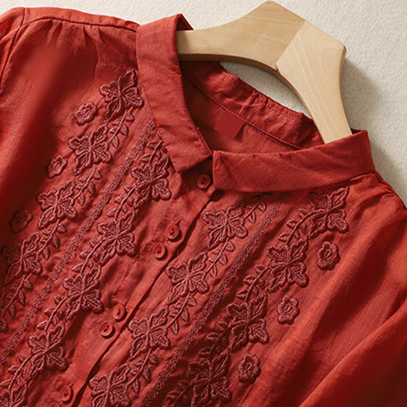 Buddha Stones Summer Plain Button Embroidery Flower Pattern Three Quarter Sleeve Lapel Cotton Linen Women's Shirt - image 21