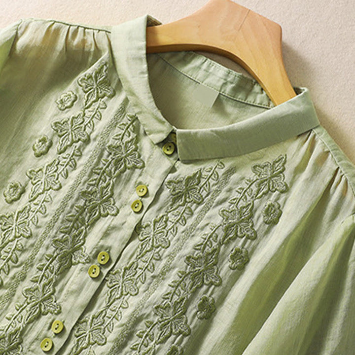 Buddha Stones Summer Plain Button Embroidery Flower Pattern Three Quarter Sleeve Lapel Cotton Linen Women's Shirt - image 2