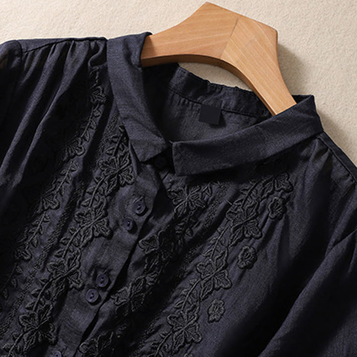 Buddha Stones Summer Plain Button Embroidery Flower Pattern Three Quarter Sleeve Lapel Cotton Linen Women's Shirt - image 28