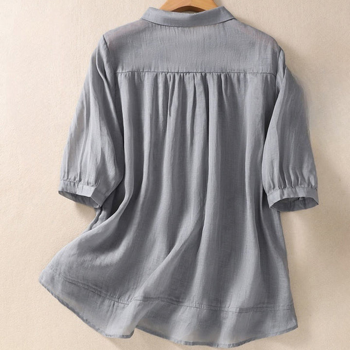 Buddha Stones Summer Plain Button Embroidery Flower Pattern Three Quarter Sleeve Lapel Cotton Linen Women's Shirt - image 14