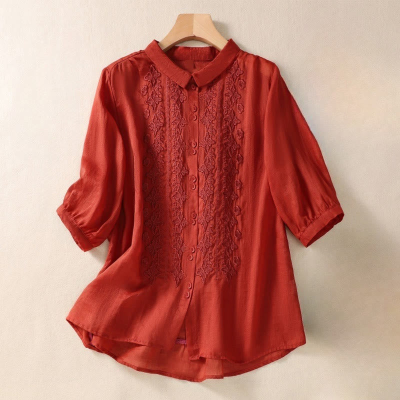Buddha Stones Summer Plain Button Embroidery Flower Pattern Three Quarter Sleeve Lapel Cotton Linen Women's Shirt - Red - US12，UK/AU16，EU44 (2XL) - image 19