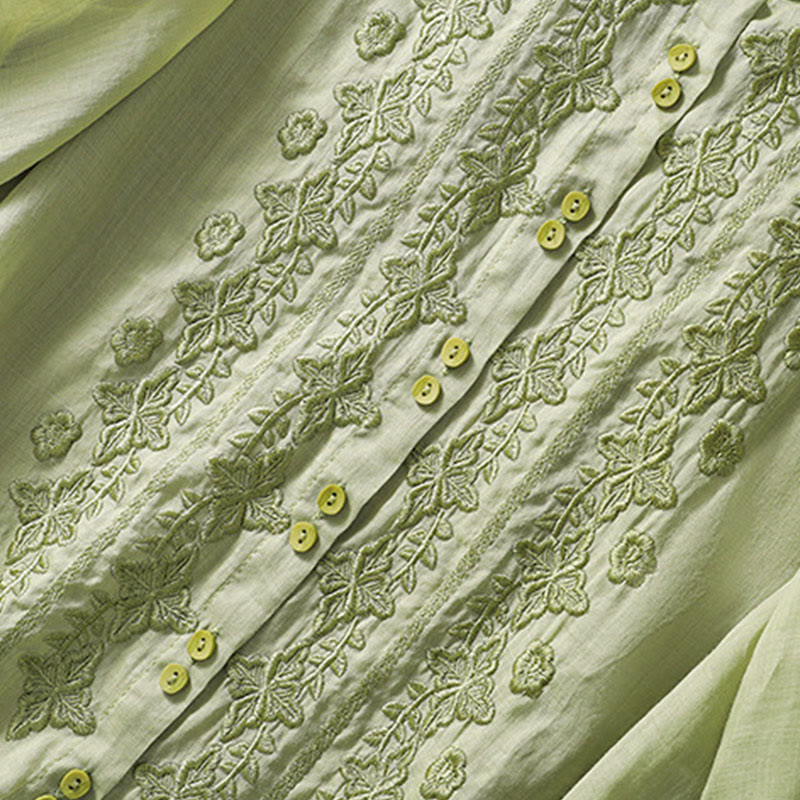 Buddha Stones Summer Plain Button Embroidery Flower Pattern Three Quarter Sleeve Lapel Cotton Linen Women's Shirt - image 3