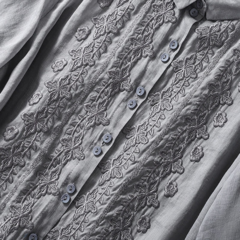 Buddha Stones Summer Plain Button Embroidery Flower Pattern Three Quarter Sleeve Lapel Cotton Linen Women's Shirt - image 16