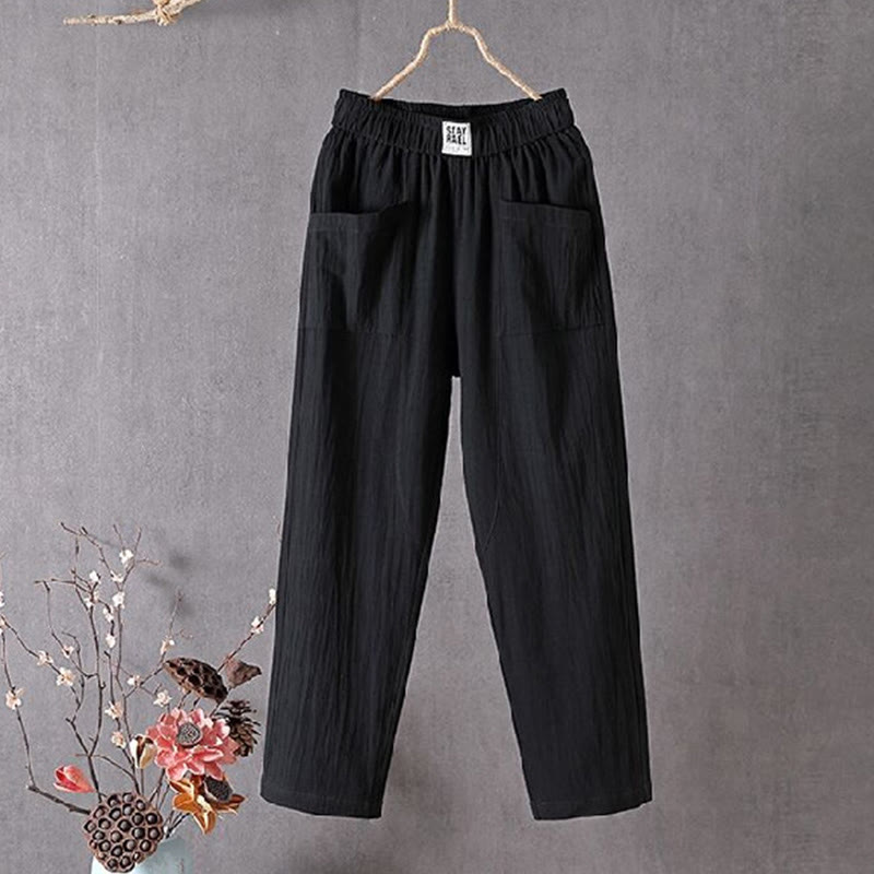 Buddha Stones Summer Pure Color Elastic Waist Women's Harem Pants With Pockets - Black - US14，UK/AU18，EU46 (4XL) - image 2