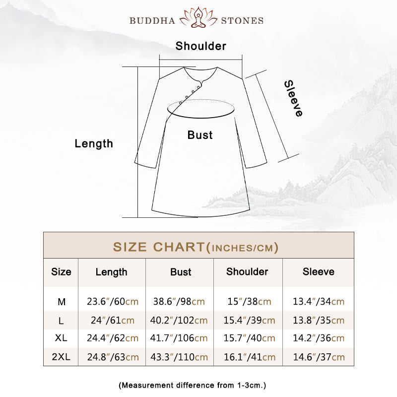 Buddha Stones Blue Flowers Orange Leaves Frog-Button Three Quarter Sleeve Cotton Linen Shirt - image 4