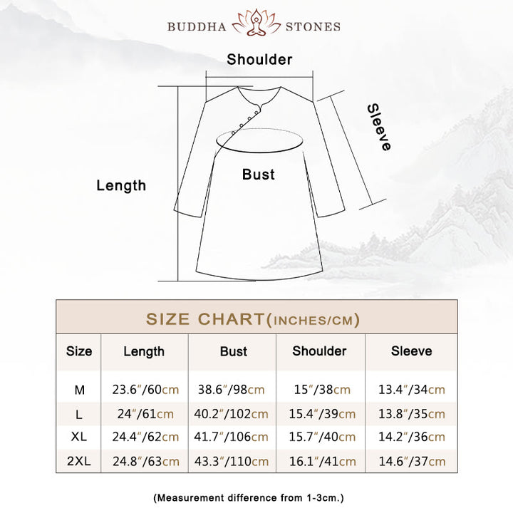 Buddha Stones Blue Flowers Orange Leaves Frog-Button Three Quarter Sleeve Cotton Linen Shirt - image 4