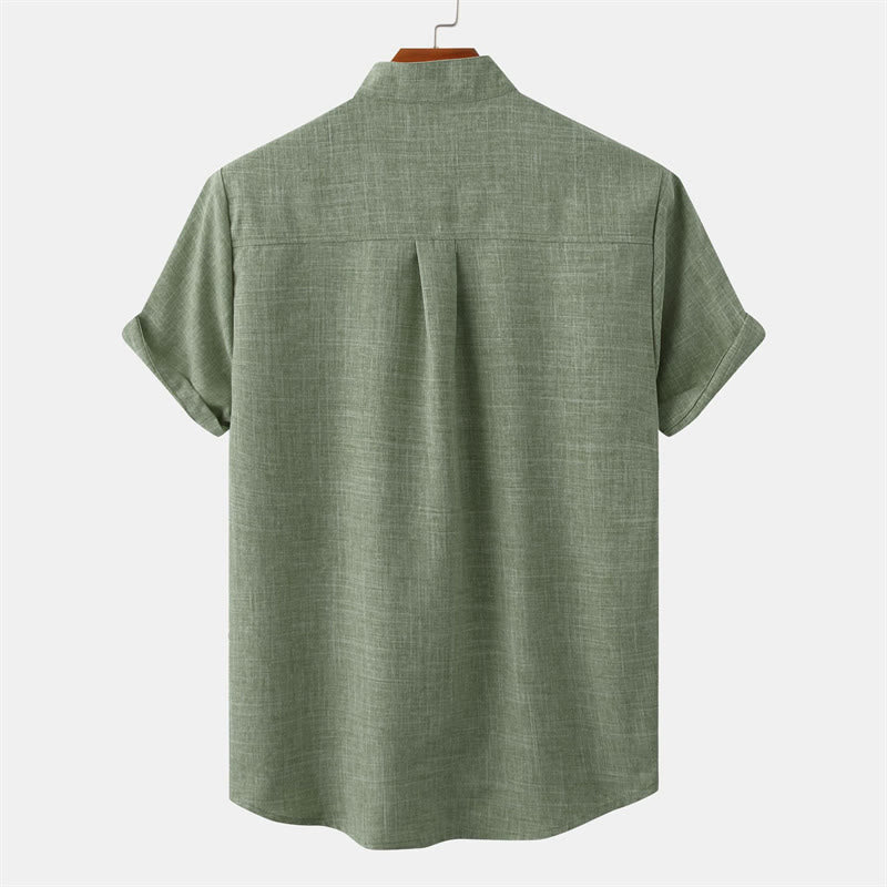 Buddha Stones Summer Men's Button Plain Short Sleeve Cotton Shirt With Pocket