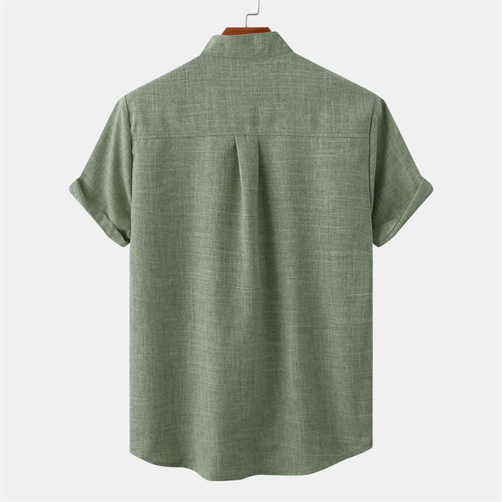 Buddha Stones Summer Men's Button Plain Short Sleeve Cotton Shirt With Pocket