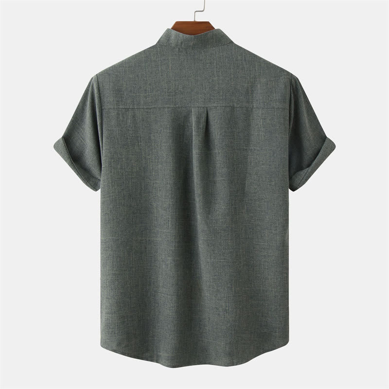 Buddha Stones Summer Men's Button Plain Short Sleeve Cotton Shirt With Pocket - image 29