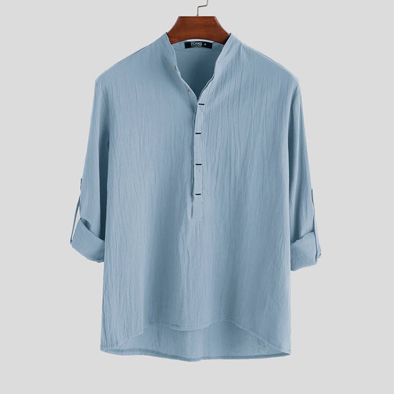 Buddha Stones Solid Color Half Buttons Long Sleeve Cotton Linen Men's Shirts - LightSkyBlue - US/UK/AU42，EU52 (3XL) - image 3